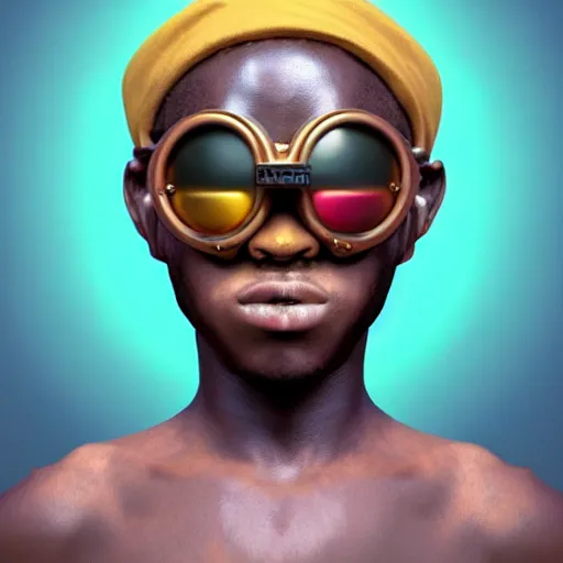 Image similar to colourful vfx upper half - portrait - art of a nigerian boy wearing steam punk goggles, art by stanley artgem lau & tenmyouya hisashi, digital render, digital illustration, concept art, caricature, volumetric light, ray tracing, symmetrical, unreal engine, octane 3 d render, sharp, detailed, intricate detail, pinterest, behance, art station,