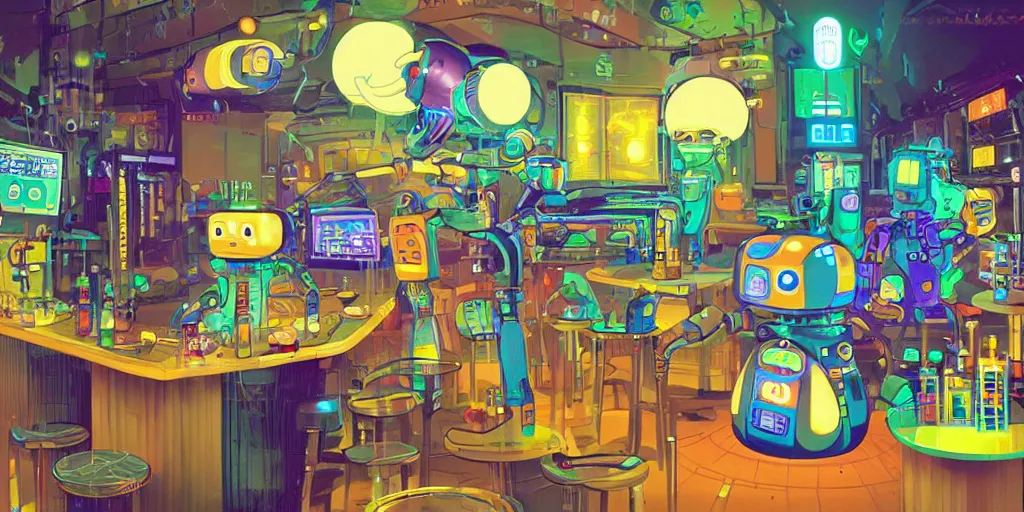 Image similar to a cute robot in a cyberpunk bar by chiho aoshima