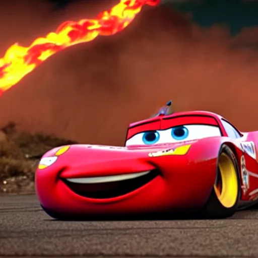 Prompt: a red eyed lightning mcqueen from cars smoking a blunt, movie still