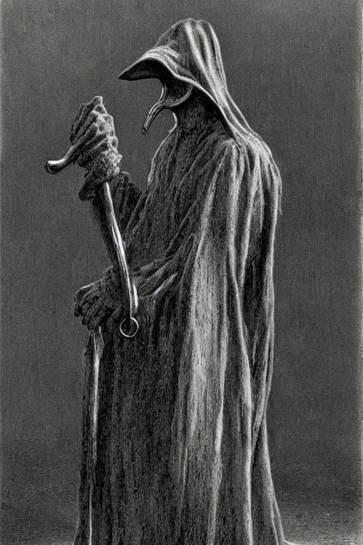 Image similar to plague doctor from iron gridle but human form, destroyed city and flames by zdzislaw beksinski, color