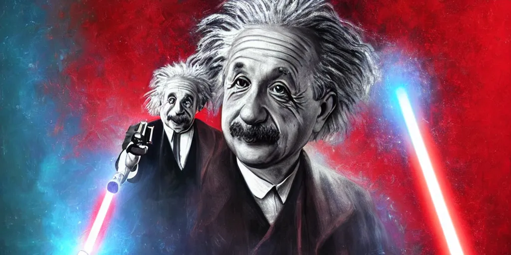 Prompt: Albert Einstein with a red lightsaber, digital art, stunning lighting