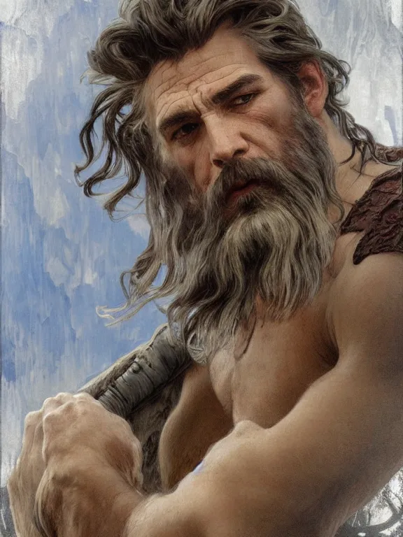 Image similar to painted portrait of rugged odin, god of wisdom, norse god, white hair, masculine, mature, handsome, upper body, blue and silver, muscular, hairy torso, fantasy, intricate, muscular, elegant, highly detailed, digital painting, artstation, concept art, smooth, sharp focus, illustration, art by gaston bussiere and alphonse mucha