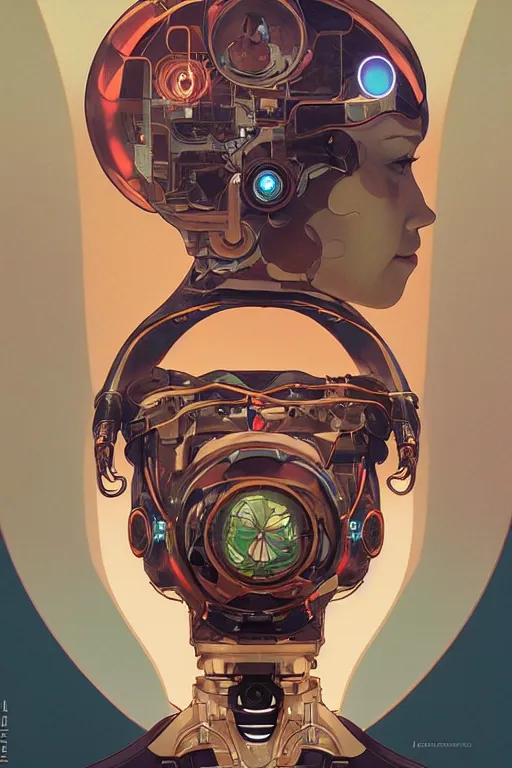 Prompt: portrait of a futuristic robot with a speaker for a head by wlop and artgerm and greg rutkowski, alphonse mucha, medium shot. dan mumford, tomokazu matsuyama, takato yamamoto