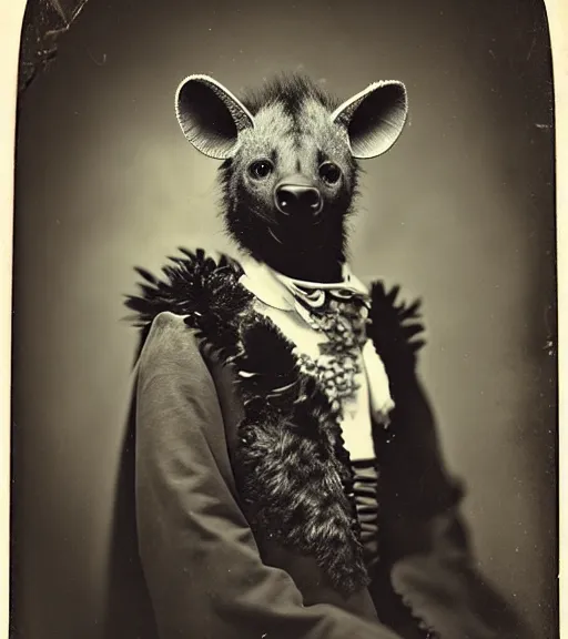 Image similar to professional studio photo portrait of anthro anthropomorphic spotted hyena head animal person fursona smug smiling wearing elaborate pompous royal king robes clothes degraded medium by Louis Daguerre daguerreotype tintype