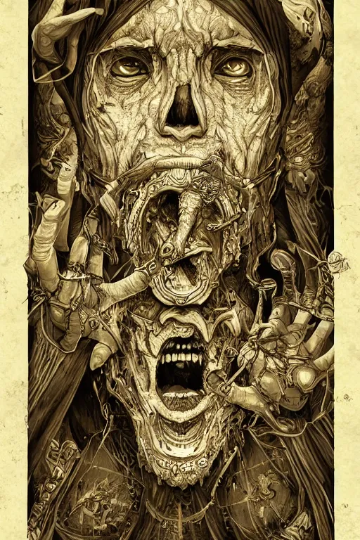 Image similar to a study of cell shaded illustration of a ornate a wizard, golden ratio, post grunge screen print poster, blank ink, character concept art by Miles Tsang, highly detailed, sharp focus, Artstation, deviantart, artgem
