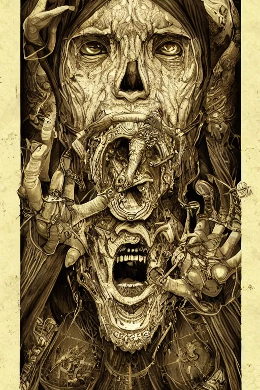 Prompt: a study of cell shaded illustration of a ornate a wizard, golden ratio, post grunge screen print poster, blank ink, character concept art by Miles Tsang, highly detailed, sharp focus, Artstation, deviantart, artgem