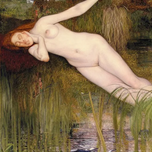 Image similar to breathtaking masterpiece of art, elizabeth eleanor siddall as ophelia floating on the water in wet flowing clothes amongst the reeds by william holman hunt and rosetti, 8 k