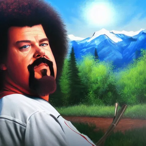 Image similar to a closeup photorealistic photograph of bob ross style kenny powers playing baseball, painting on a canvas. mountains and trees. film still. brightly lit scene. this 4 k hd image is trending on artstation, featured on behance, well - rendered, extra crisp, features intricate detail, epic composition and the style of unreal engine.