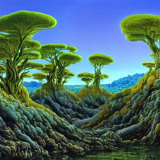 Prompt: painting of a lush natural scene on an alien planet by glenn brown. beautiful landscape. weird vegetation. cliffs and water.
