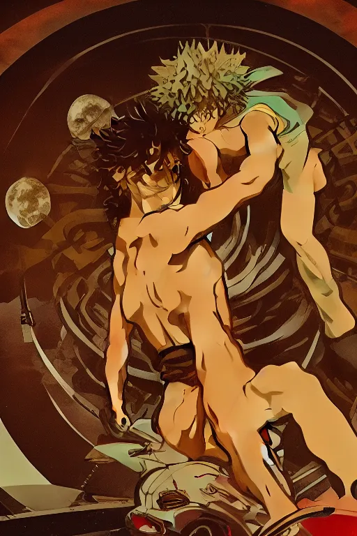 Prompt: concept art, silhouette of Spike Spiegel from Cowboy Bebop in front of the moon Ganymede in the style of Alphonse Mucha and Hiroya Oku, 8k, high detail, octane render