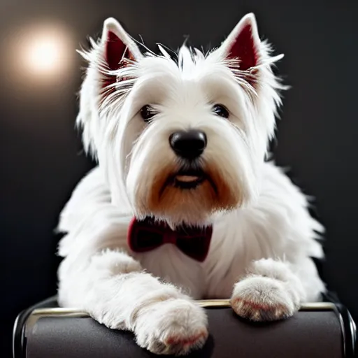 Image similar to West highland white terrier in a tuxedo drinking Italian espresso