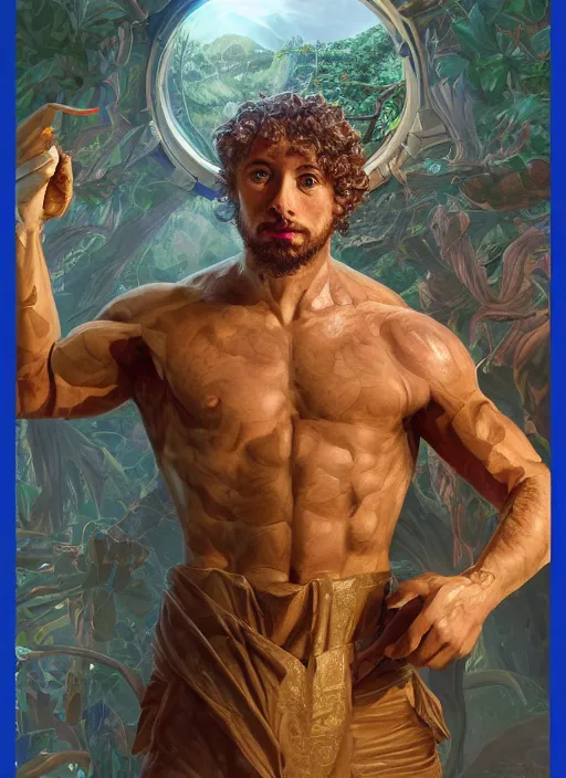 Prompt: portrait of Sam Hyde as a Greek God of a futuristic sigma War, gigachad look, inside future fighter, sci-fi, fantasy, intricate, lush garden spaceship with sakura season flowers in Kyoto Japan, elegant, human anatomy, royal blue and nature light, highly detailed, digital painting, artstation, concept art, smooth, sharp focus, illustration, art by WLOP and Ruan Jia and Mandy Jurgens, masterpiece, 3d blender