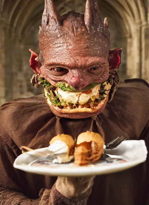 Image similar to closeup portrait of a medieval goblin eating cakes in the cloisters, depth of field, zeiss lens, detailed, symmetrical, centered, fashion photoshoot, by Annie Leibovitz and Steve McCurry, David Lazar, Jimmy Nelsson, Breathtaking, 8k resolution, extremely detailed, beautiful, establishing shot, artistic, hyperrealistic, beautiful face, octane render