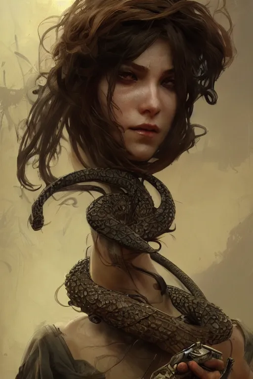 Prompt: A full portrait of a beautiful post apocalyptic snake handler, intricate, elegant, highly detailed, digital painting, artstation, concept art, smooth, sharp focus, illustration, art by Krenz Cushart and Artem Demura and alphonse mucha