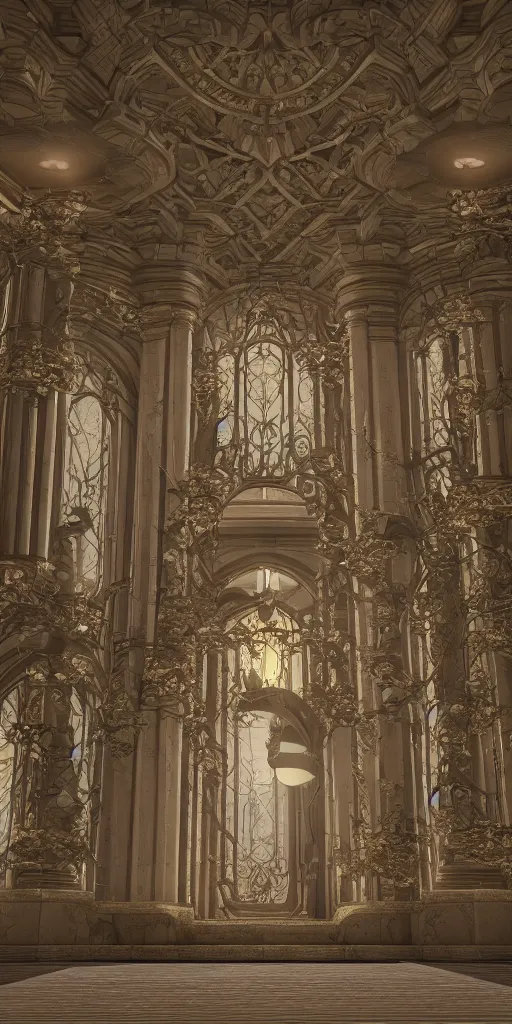 Image similar to ultra detailed, high definition, octane render 3d, throne room, stone pillars, high ceiling, art nouveau, goth