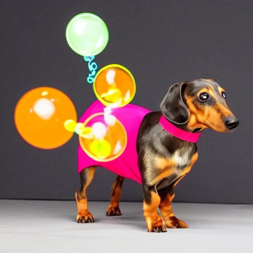 Prompt: photo a dachshund wearing a hot dog outfit, blowing soap bubbles, doing tricks, award winning