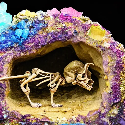 Image similar to tiny dinosaur skeleton inside a geode of multi-colored crystals