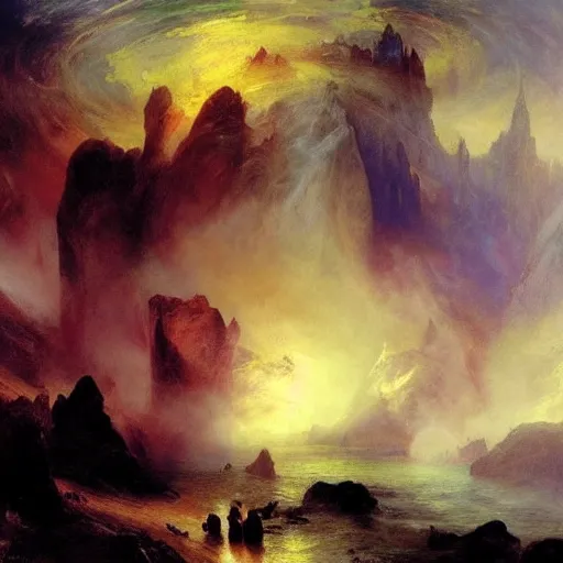 Image similar to political cartoon robust, atmospheric by thomas moran. conceptual art. paralyzed by the indescribable beauty of the cosmos.