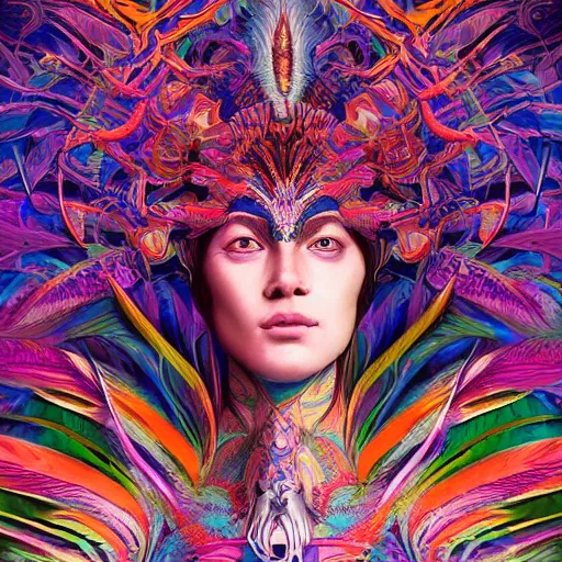 Prompt: A reality bending psychedelic ayahuasca experience, colorful, distorted, surreal, tropical bird feathers, dramatic lighting on the face, intricate, elegant, highly detailed, fire flies, digital painting, concept art, smooth, sharp focus, illustration, art by Krenz Cushart and Wayne Barlowe and alphonse mucha