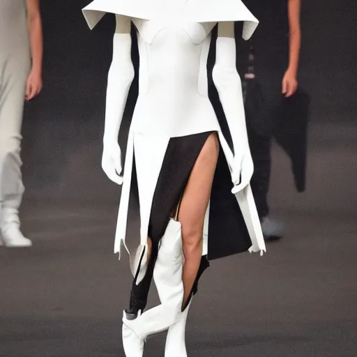 Image similar to a futuristic outfit designed by rick owens