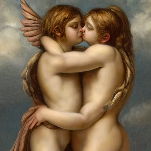 Image similar to 2 muscular angels hugging, victorian painting