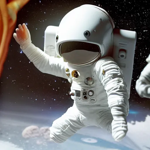 Image similar to Baby astronaut descending of a ship on The moon dramatic lighting stopmotion movie shoot