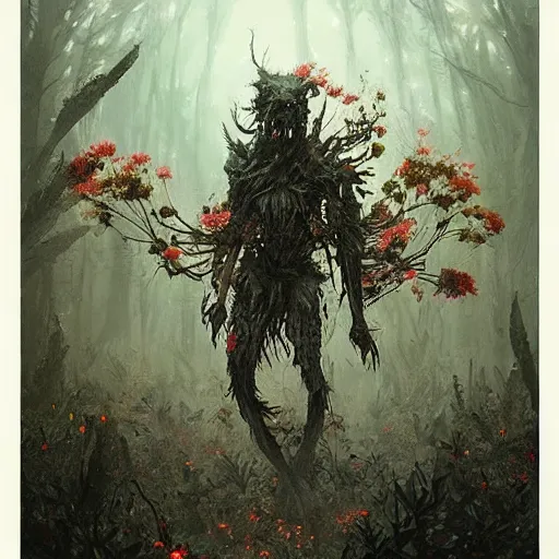 Image similar to a beautiful terrifying monster made out of flowers. ethereal horror fantasy art by greg rutkowski