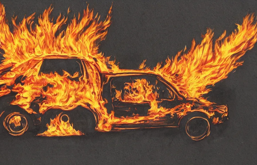 Prompt: car on fire, children drawing