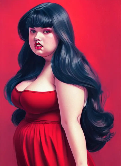 Image similar to full body portrait of teenage veronica lodge, obese, bangs, sultry, realistic, sultry smirk, wavy hair, red skirt, fat, belly, intricate, elegant, glowing lights, highly detailed, digital painting, artstation, concept art, smooth, sharp focus, illustration, art by wlop, mars ravelo and greg rutkowski