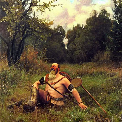 Prompt: Gary Gygax Gary Gygax plays dungeons and dragons in the middle of a field, Rye (Shishkin), painting by Ivan Shishkin, Ernest Gary Gygax face, photo by Gary Gygax, painting by Valentin Serov, oil painting