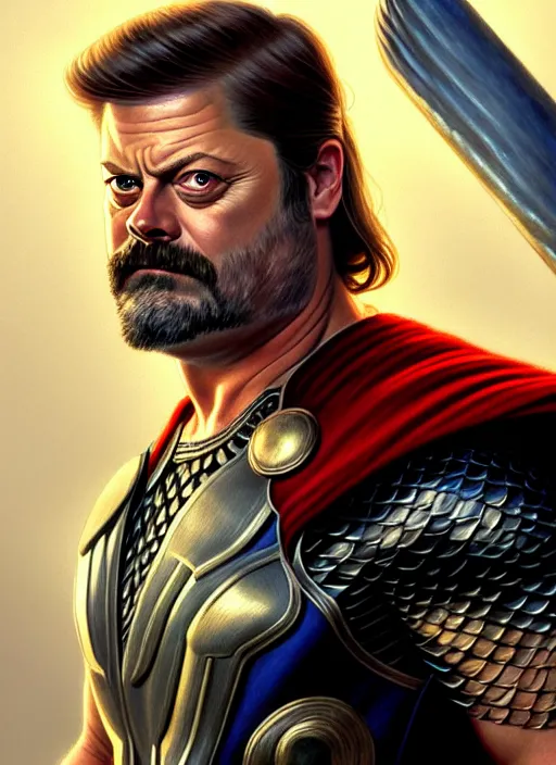 Image similar to portrait of nick offerman as thor, eyepatch, muscular, fantasy, intricate, elegant, highly detailed, digital painting, artstation, concept art, smooth, sharp focus, illustration, art by artgerm and greg rutkowski and alphonse mucha