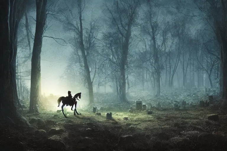 Prompt: the headless horseman riding at night night, spooky, wide angle, graveyard in distance, glossy design, soft texture, 8 k movie scene by marc simonetti