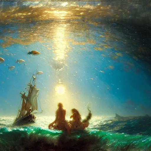 Image similar to point of view of deep in the ocean looking up, you see fishes, higher the milk way, night time, midnight. highly detailed painting by gaston bussiere, greg rutkowski 8 k