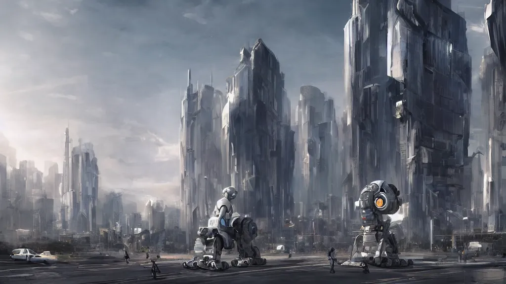 Prompt: Amazing photorealistic digital concept art of a guardian robot in a futurstic city, by James Clyne and Joseph Cross. Cinematic. Wide angle. Clean lines. Balanced composition.