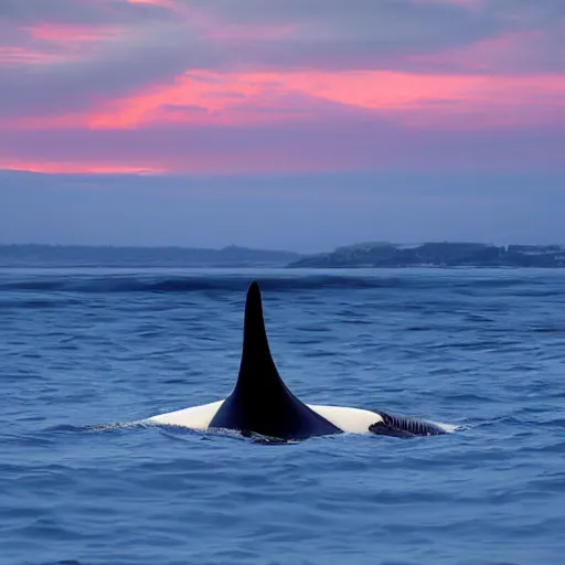 Prompt: a terrifying orca tapdances off the coast of a small fishing village, pads of waves as the sun sets, the fishing village off in the horizon, digital art