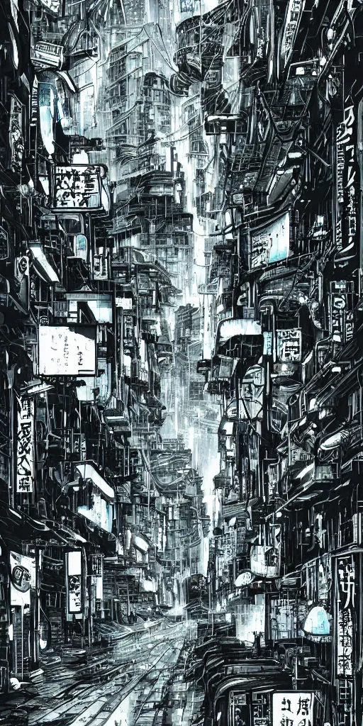 Image similar to manga illustration of poor cyberpunk city, rainy weather, highly detailed