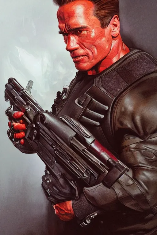 Image similar to beautiful cottagecore arnold schwarzenegger as terminator holding a pump action shotgun, red bionic eye, dark forest, intricate, elegant, highly detailed, digital painting, artstation, concept art, smooth, sharp, focus, illustration, art by artgerm and greg rutkowski and alphonse mucha