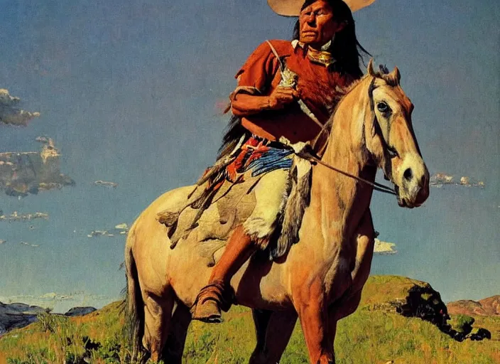 Image similar to western painting, native american sitting on horse on top of hill, by norman rockwell