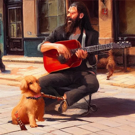 Image similar to oil painting of a man with long hair and a beard with his golden retrever dog playing guitar in the square for money, by greg rutkowski, artstation