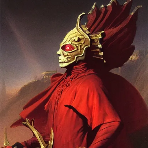 Prompt: A red demon mage. He is wearing mage armor and a crown. He is frowning seriously. Award winning oil painting by Thomas Cole and Wayne Barlowe