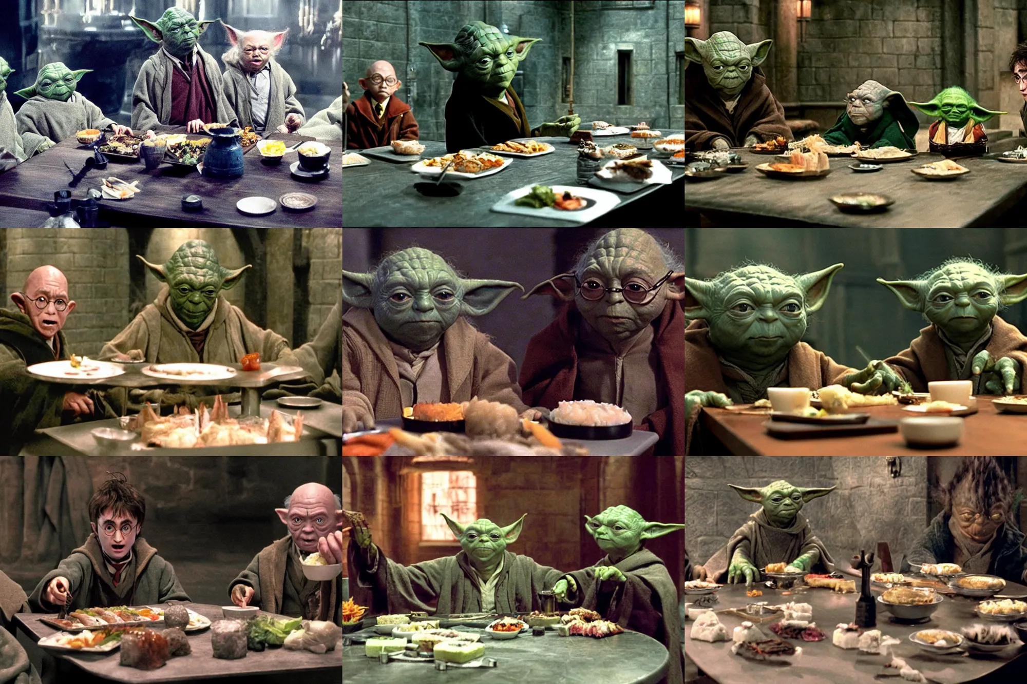 Prompt: Harry potter film, a scene where Harry Potter and Master Yoda are eating in U.S. Prison, Sushi is placed on a small aluminum table placed in the center, Dark cinematic color tones.