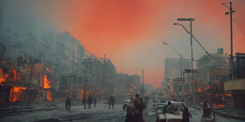 Image similar to post apocalyptic city with burning red sky with people on the streets