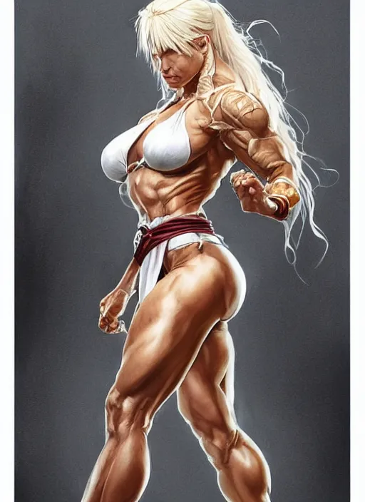 Prompt: very muscled Amazon platinum blonde as a ruggedly mean looking heroine, wearing karate gi, intricate, elegant, highly detailed, centered, digital painting, artstation, concept art, smooth, sharp focus, illustration, art by artgerm and donato giancola and Joseph Christian Leyendecker, WLOP
