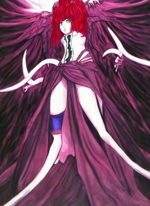 Image similar to shin megami tensei art of a demon called margaret!!!!!!! thatcher!!!!!!!, art by kazuma kaneko, demonic! compedium!, digital drawing, law demon, white background, high quality, highly detailed