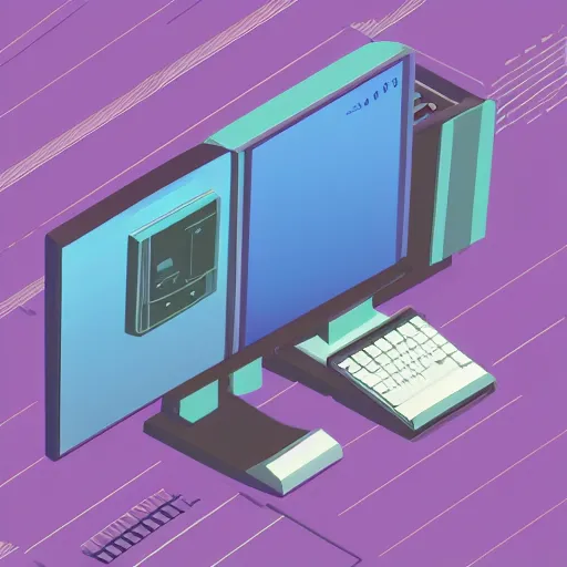 Prompt: a computer from the nineties in vapor wave style isometric view.