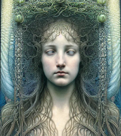 Image similar to detailed realistic beautiful summer goddess face portrait by jean delville, gustave dore, iris van herpen and marco mazzoni, art forms of nature by ernst haeckel, art nouveau, symbolist, visionary, gothic, neo - gothic, pre - raphaelite, fractal lace, intricate alien botanicals, ai biodiversity, surreality, hyperdetailed ultrasharp octane render