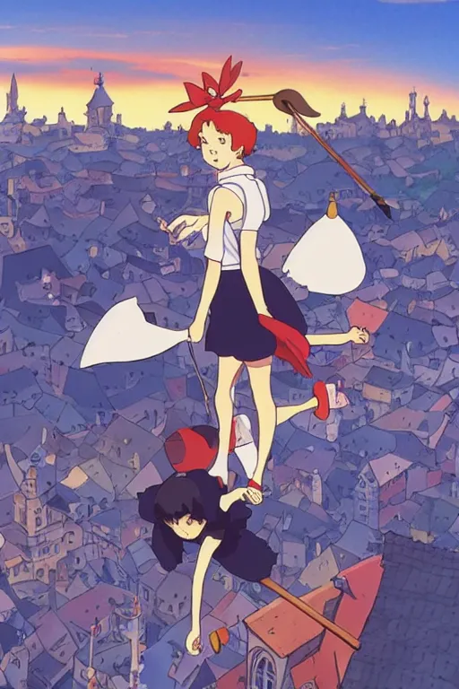 Prompt: Kiki's Delivery Service,A girl on a broomstick flying over the city sky at afternoon ,Medieval Cities ,Eye-catching blue accents,by studio ghibli