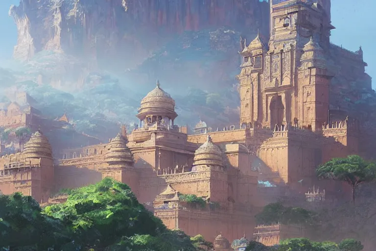 Prompt: Mehrangarh painting, highly detailed, trending on artstation, concept art, art by artgerm and greg rutkowski and magali villeneuve