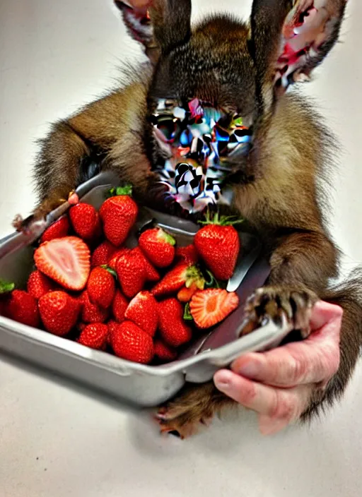 Image similar to Rabbit-capuchin hybrid eating strawberries from a tray. Bunny-monkey creature. Shot on iPhone. HD digital photography.