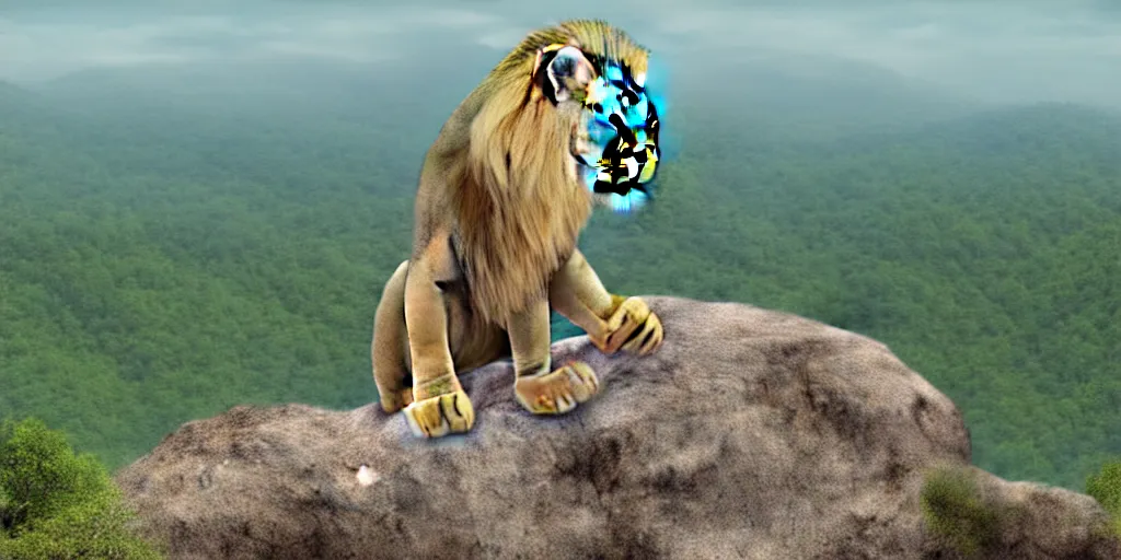 Image similar to hyperrealistic photo of a lion roaring on top of a rock over looking the jungle, 8 k